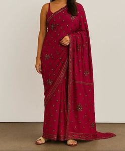 Elegant Burgundy Saree With Copper Work