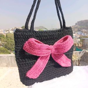 Handmade Black Crochet Tote Bag with Pink Bow❤️
