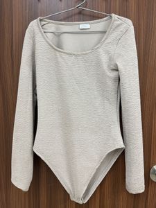 Square Neck Long Sleeve Bodysuit In Light Beige