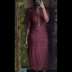 Libas Kurta Red Patterned Long Length