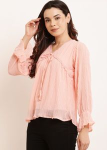Peach Crinkle Tie-Neck Blouse