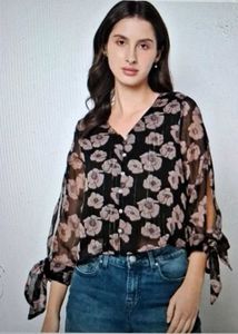 JDY BY ONLY Floral Print Blouse with Tie-Ups