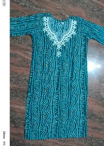 Teal Bandhani Kurti with Embroidery Size Xl