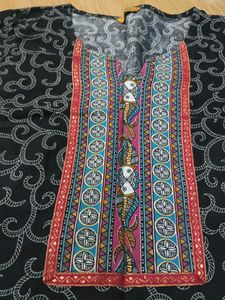 Black Patterned Kurti with Embroidered Yoke