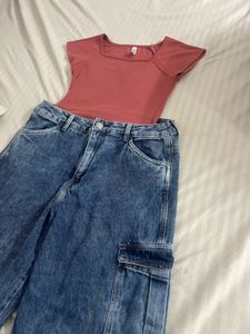 Cute Top &amp; cargo Jeans Set
