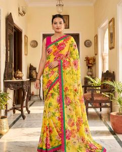 Floral Print Saree with Lace , unstitched blouse p