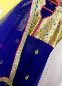 Elegant Blue & Gold Anarkali With Dupatta