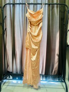 Champagne Satin Cowl Neck Maxi Dress
