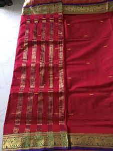 Brand New Red Handloom Saree with Gold Jari Border