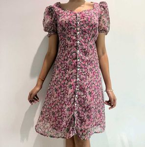 Floral printed pink button up frock