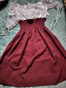 Floral Sleeve Burgundy Dress