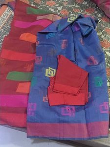 Blue &amp; Red Cotton Saree