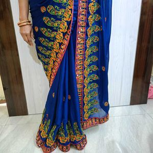 Elegant Blue Embroidered Saree