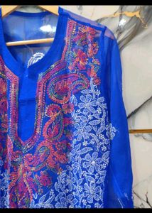 NEW Blue chikan Embroidered Kurta XL