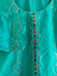 Teal Embroidered Kurti Dupatta Pant Suit.