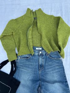 Wide Leg Jeans , Tote Bag &amp; Green Cardigan