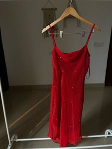 RED CHIFFON SLIP MIDI  DRESS