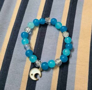 Handmade Blue Beaded Bracelet with Moon Charm