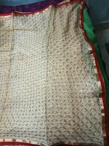 GoldenBeige Patterned Dupatta- Red&amp;Gold lace borde