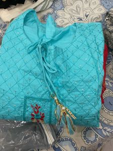 Pack Of Two Teal &amp; Grey Embellished Kurti Set