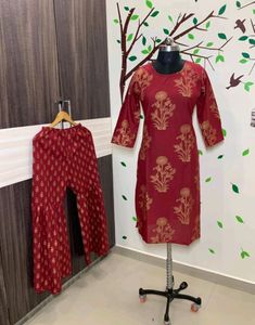 Rayon Golden Printed Plazo Kurti (Red Color)