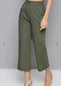 Women Olive Green Pure Cotton Straight Trouser