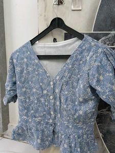 Blue Embroidered Peplum Top