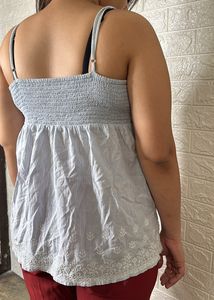 Blue And White Striped Top With white Embroidery