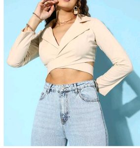 Beige V Neck Wrap Up Crop Top 🫶🏻🍄