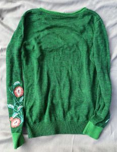 Green Embroidered Sleeve Sweater