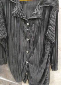Pleated Black Button-Down Top