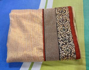 Brown Sari With Border Stone Embroidery