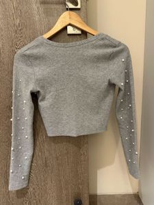 ZARA Grey Pearl Embellished Cardigan