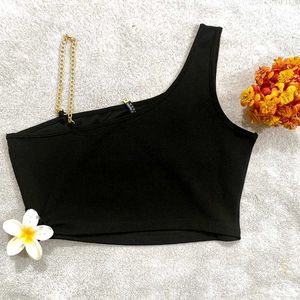 🖤 Luxe 1-Shoulder Black Crop Top+Goldchain Accent