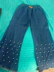 Pearl Embellished Denim Flares