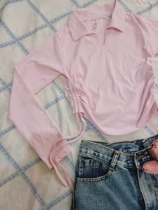 Light pink Collared Top with Adjustable Drawstring
