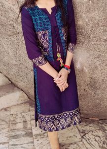 Marine Women Printed Straight Bandi Kurta..DARK BLUE,3/4 Sleeve,Knee Length