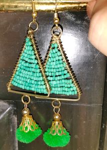 Green Beeds Ear Rings With Pompom Balls Detailing