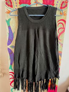 Stretchable Black Top With Tassels