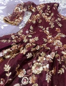 Maroon Embroidered Frock with Golden Silk Pant