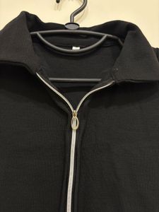 Black Ribbed Zip-Up Collared Top