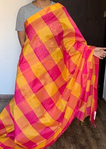 Yellow And Pink Checked Silk Saree