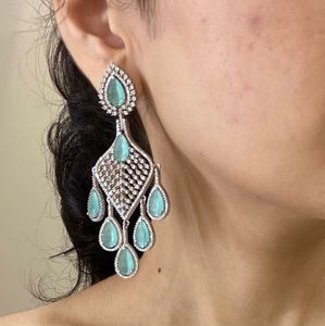 Mint Green AD Rhodium Earrings