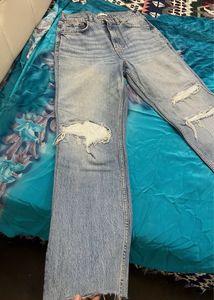 Blue Ripped Straight Leg Jeans