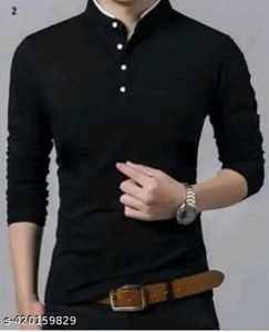 Men Fashion Solid Mandarin Collar Polyester T-Shir