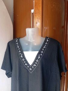 Embroidered V-Neck Black Top