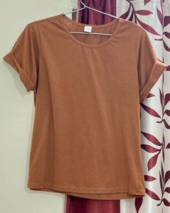 Brown Basic Tee With Folded Sleeves