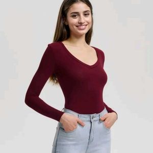 Burgundy Long Sleeve V-Neck Bodysuit Top