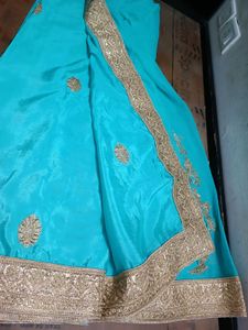 Elegant Turquoise Saree Withblouse Falls And Picco