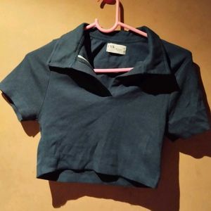 Navy Blue Polo Neck Crop Top